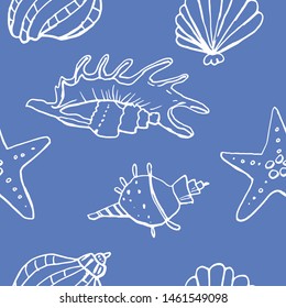 Collection of sea marine ink doodles on blue backdrop. Seamless pattern. Endless texture. Can be used for printed materials. Vacation holiday background. Hand drawn design elements. Festive print.