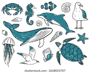 Collection of sea, ocean animals. Pastel drawing. Vector illustration with pastel texture. Minimalistic