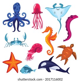 Collection sea and ocean animals. Set of fauna characters - fishes marine creatures and others in flat cartoon style. Vector cute colorful objects isolated on white background