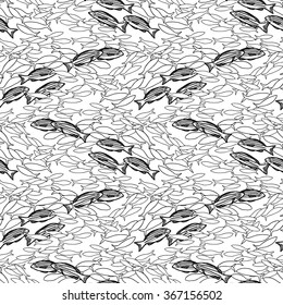 Collection of  sea and ocean fish drawn in line art style on white background. Vector seamless pattern. Coloring book page design for adults and kids