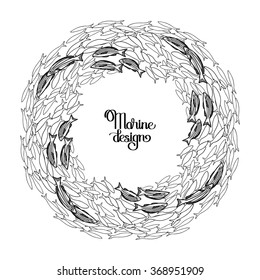 Collection of  Sea and ocean fish drawn in line art style on white background. Vector marine wreath. Coloring book page design for adults and kids