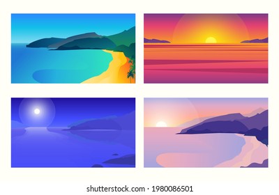 Collection of sea, ocean and mountain illustrations on evening sunset, sunny day, morning sunrise, moon night. Editable vector for poster, social media post, web banner