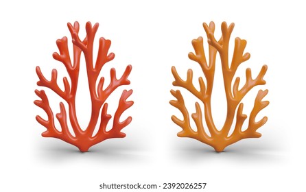 Colección con corales de color rojo y naranja marino. Elemento para la decoración del acuario doméstico. Cultura mediterránea. Ilustración vectorial en 3d con fondo blanco