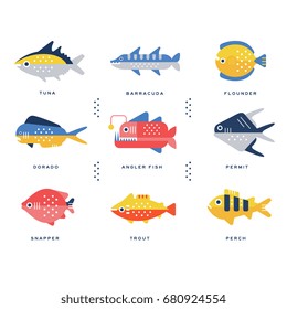 Collection of sea and river fish and lettering name in English vector Illustrations