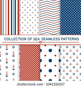 Collection of sea seamless patterns.Red,blue, white colors.Seamless pattern included in swatch panel.Design for fabric, web background, wallpaper, cards, prints of baby goods.Vector background.