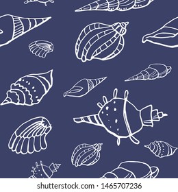 Collection of sea shell ink doodles on blue backdrop. Seamless pattern. Endless texture. Can be used for printed materials. Underwater holiday background. Hand drawn design elements. Festive print.