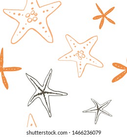 Collection of sea shell ink doodles on white backdrop. Seamless pattern. Endless texture. Can be used for printed materials. Underwater holiday background. Hand drawn design elements. Festive print.