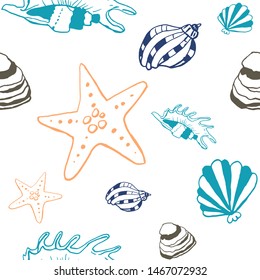 Collection of sea shell ink doodles on white backdrop. Seamless pattern. Endless texture. Can be used for printed materials. Underwater holiday background. Hand drawn design elements. Festive print.