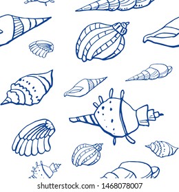Collection of sea shell ink doodles on white backdrop. Seamless pattern. Endless texture. Can be used for printed materials. Underwater holiday background. Hand drawn design elements. Festive print.