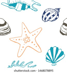 Collection of sea shell ink doodles on white backdrop. Seamless pattern. Endless texture. Can be used for printed materials. Underwater holiday background. Hand drawn design elements. Festive print.