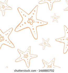 Collection of sea shell ink doodles on white backdrop. Seamless pattern. Endless texture. Can be used for printed materials. Underwater holiday background. Hand drawn design elements. Festive print.