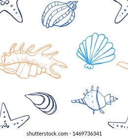 Collection of sea shell ink doodles on white backdrop. Seamless pattern. Endless texture. Can be used for printed materials. Underwater holiday background. Hand drawn design elements. Festive print.