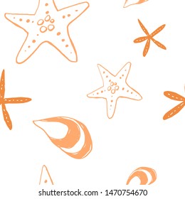 Collection of sea shell ink doodles on white backdrop. Seamless pattern. Endless texture. Can be used for printed materials. Underwater holiday background. Hand drawn design elements. Festive print.