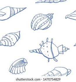 Collection of sea shell ink doodles on white backdrop. Seamless pattern. Endless texture. Can be used for printed materials. Underwater holiday background. Hand drawn design elements. Festive print.