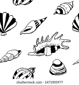 Collection of sea shell ink doodles on white backdrop. Seamless pattern. Endless texture. Can be used for printed materials. Underwater holiday background. Hand drawn design elements. Festive print.