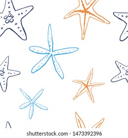 Collection of sea shell ink doodles on white backdrop. Seamless pattern. Endless texture. Can be used for printed materials. Underwater holiday background. Hand drawn design elements. Festive print.