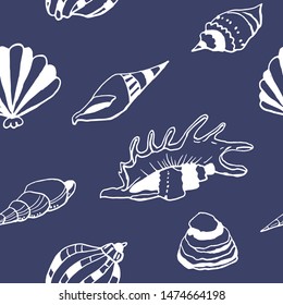 Collection of sea shell ink doodles on blue backdrop. Seamless pattern. Endless texture. Can be used for printed materials. Underwater holiday background. Hand drawn design elements. Festive print.