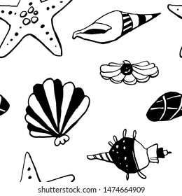 Collection of sea shell ink doodles on white backdrop. Seamless pattern. Endless texture. Can be used for printed materials. Underwater holiday background. Hand drawn design elements. Festive print.