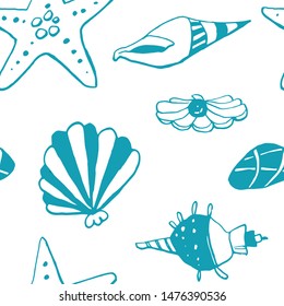 Collection of sea shell ink doodles on white backdrop. Seamless pattern. Endless texture. Can be used for printed materials. Underwater holiday background. Hand drawn design elements. Festive print.