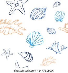 Collection of sea shell ink doodles on white backdrop. Seamless pattern. Endless texture. Can be used for printed materials. Underwater holiday background. Hand drawn design elements. Festive print.