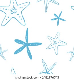 Collection of sea shell ink doodles on white backdrop. Seamless pattern. Endless texture. Can be used for printed materials. Underwater holiday background. Hand drawn design elements. Sea life print.