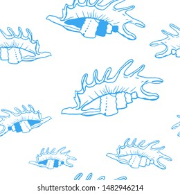 Collection of sea shell ink doodles on white backdrop. Seamless pattern. Endless texture. Can be used for printed materials. Underwater holiday background. Hand drawn design elements. Festive print.