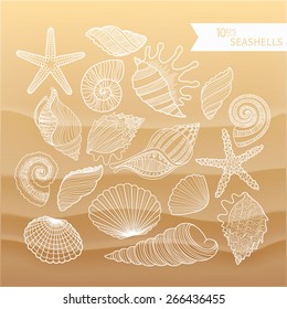 A collection of sea shells. The contours of seashells on the sand. Line drawing vector set of shells, stars objects and symbols. Vector illustration 