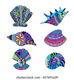 Collection of sea shells. Hand drawn colorful sea icons in doodle style. Vector illustration.