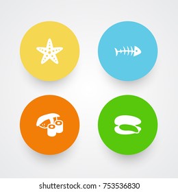 Collection Of Sea Star, Remains, Japanese Roll And Other Elements.  Set Of 4 Sea Icons Set. 