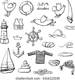 Collection of sea summer ink doodles on white backdrop. Vector stock set. Cute marine icons. Can be used for printed materials. Vacation holiday background. Hand drawn design elements. Festive card.