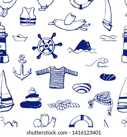 Collection of sea summer ink doodles on white backdrop. Seamless pattern. Endless texture. Can be used for printed materials. Vacation holiday background. Hand drawn design elements. Festive card.