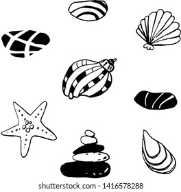 Collection of sea summer ink doodles on white backdrop. Vector stock set. Cute marine icons. Can be used for printed materials. Vacation holiday background. Hand drawn design elements. Festive card