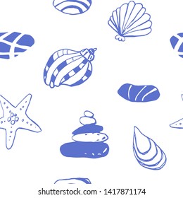 Collection of sea summer ink doodles on white backdrop. Seamless pattern. Endless texture. Can be used for printed materials. Vacation holiday background. Hand drawn design elements. Festive print.