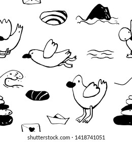 Collection of sea summer ink doodles on white backdrop. Seamless pattern. Endless texture. Can be used for printed materials. Vacation holiday background. Hand drawn design elements. Festive print.