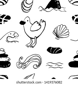 Collection of sea summer ink doodles on white backdrop. Seamless pattern. Endless texture. Can be used for printed materials. Vacation holiday background. Hand drawn design elements. Festive print.
