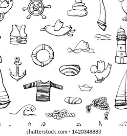 Collection of sea summer ink doodles on white backdrop. Seamless pattern. Endless texture. Can be used for printed materials. Vacation holiday background. Hand drawn design elements. Festive print.