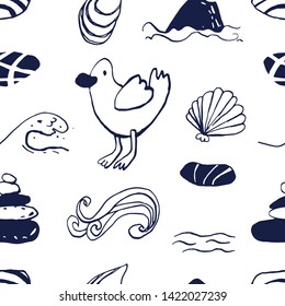Collection of sea summer ink doodles on white backdrop. Seamless pattern. Endless texture. Can be used for printed materials. Vacation holiday background. Hand drawn design elements. Festive print.