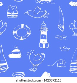 Collection of sea summer ink doodles on white backdrop. Seamless pattern. Endless texture. Can be used for printed materials. Vacation holiday background. Hand drawn design elements. Festive print.