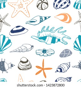 Collection of sea summer ink doodles on white backdrop. Seamless pattern. Endless texture. Can be used for printed materials. Vacation holiday background. Hand drawn design elements. Festive print.