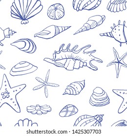 Collection of sea summer ink doodles on white backdrop. Seamless pattern. Endless texture. Can be used for printed materials. Vacation holiday background. Hand drawn design elements. Festive print.