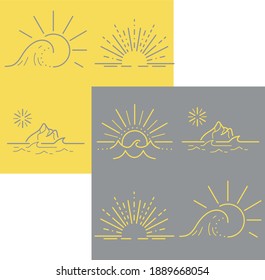 Collection of sea and sun icons isolated on a contrasting background. Yellow and gray sunrise, sunset, tropical island  vector outline icons set 