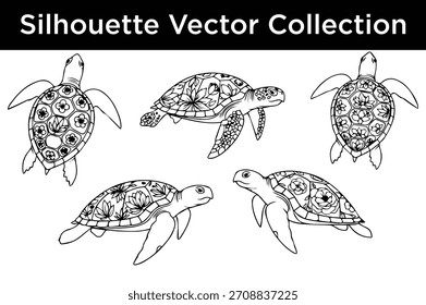 A collection of sea turtle silhouettes featuring intricate floral patterns on their shells, perfect for marine-themed designs.
