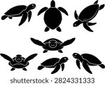 A collection of sea turtles depicted in a clean black and white silhouette style, showcasing various swimming poses and angles for versatile design and artistic application purposes.