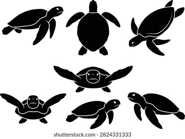 A collection of sea turtles depicted in a clean black and white silhouette style, showcasing various swimming poses and angles for versatile design and artistic application purposes.