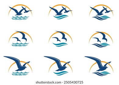 collection of sea waves and seagulls isolated on white background