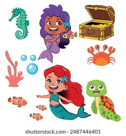 collection of seabed items, mermaid vector cartoon illustration.