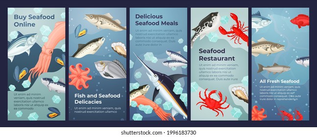 Collection of seafood fresh fish restaurant banners vector flat illustration. Set of fishery product market template with place for text. Advertising placard with sea food squid, tuna and shrimp