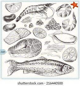 Collection of seafood, hand-drawn illustration in vintage style, set 2.