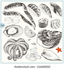 Collection of seafood, hand-drawn illustration in vintage style, set 1.