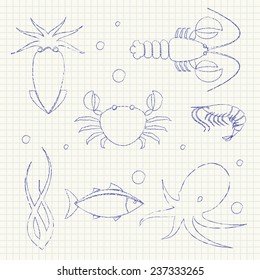 Collection of seafood icons in doodle style on paper sheet